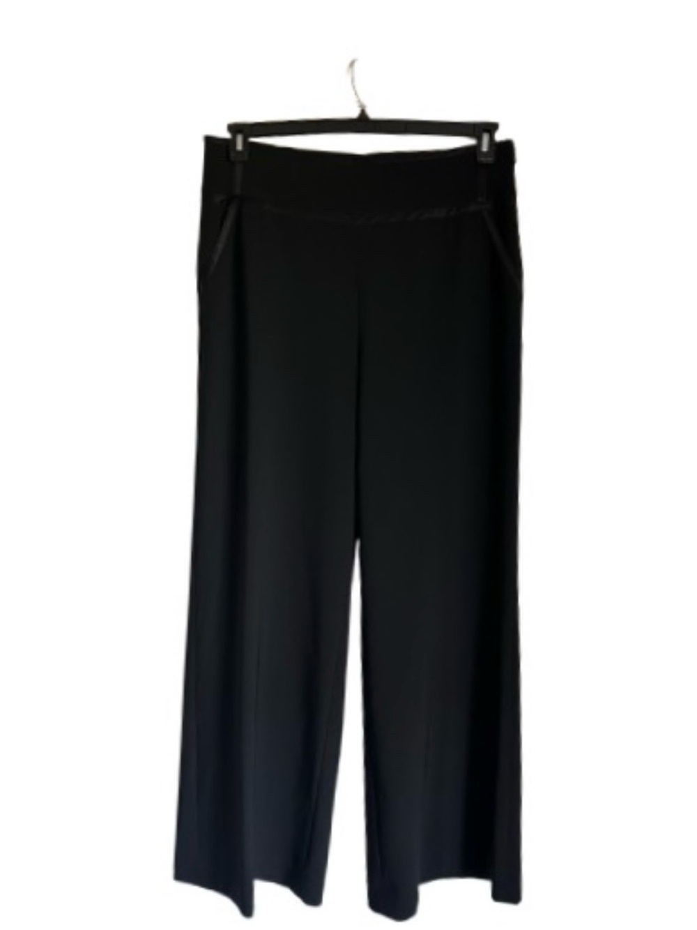 St John Black Crepe Wide Leg Evening Pants Satin Trim Side Zip Size 16 USA
